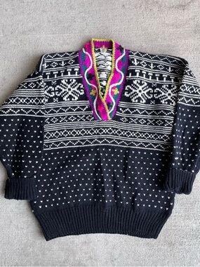Vintage 80s 90s obermeyer chunky knit Norwegian folk wool sweater boho jumper